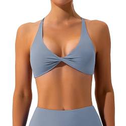 OEAK Sport BH Rückenfrei Damen Crossback Bra Twisted V-Ausschnitt Push Up Crop Top Gepolstert Bustier Ohne Bügel für Yoga Gym Fitness,1PC Graublau,L von OEAK