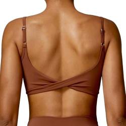 OEAK Sport BH Rückenfrei Damen Crossback Bra Twisted V-Ausschnitt Push Up Crop Top Gepolstert Bustier Ohne Bügel für Yoga Gym Fitness,Karamellbraun,S von OEAK