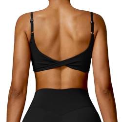 OEAK Sport BH Rückenfrei Damen Crossback Bra Twisted V-Ausschnitt Push Up Crop Top Gepolstert Bustier Ohne Bügel für Yoga Gym Fitness,Kohlenschwarz,S von OEAK