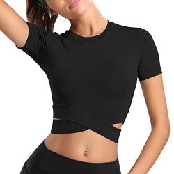 OEAK Sportshirt Damen Langarm/Kurzarm Top Nahtlos Sport Yoga Oberteile Laufshirt Sporttop Frauen Crop Top Fitness Training Gym Shirt,Kurzarm-Schwarz,XL von OEAK