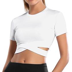 OEAK Sportshirt Damen Langarm/Kurzarm Top Nahtlos Sport Yoga Oberteile Laufshirt Sporttop Frauen Crop Top Fitness Training Gym Shirt,Kurzarm-Weiß,L von OEAK