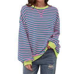 OEAK Sweatshirt Damen Oversized Gestreifter Pullover Rundhals Langarmshirt Farbblock Pulli Baumwolle Casual Langarm Oberteile Lässig Y2K Shirt Tops(Rosa und Grün,XL) von OEAK