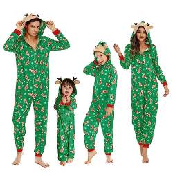 OEAK Weihnachts Schlafanzug Familie Einteiler Onesie Weihnachtspyjama Jumpsuit mit Kapuze und Reißverschluss Hausanzug für Damen Herren Kinder Baby,Damen-Grün Elch,L von OEAK