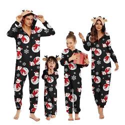 OEAK Weihnachts Schlafanzug Familie Einteiler Onesie Weihnachtspyjama Jumpsuit mit Kapuze und Reißverschluss Hausanzug für Damen Herren Kinder Baby,Damen-Schwarz Schneemann,L von OEAK