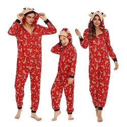 OEAK Weihnachts Schlafanzug Familie Einteiler Onesie Weihnachtspyjama Jumpsuit mit Kapuze und Reißverschluss Hausanzug für Damen Herren Kinder Baby,Herren-Rot Elch,XL von OEAK