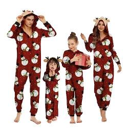 OEAK Weihnachts Schlafanzug Familie Einteiler Onesie Weihnachtspyjama Jumpsuit mit Kapuze und Reißverschluss Hausanzug für Damen Herren Kinder Baby,Herren-Weinrot Schneemann,M von OEAK