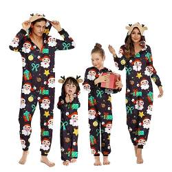 OEAK Weihnachts Schlafanzug Familie Einteiler Onesie Weihnachtspyjama Jumpsuit mit Kapuze und Reißverschluss Hausanzug für Damen Herren Kinder Baby,Unisex Kinder-Braun Weihnachtsmann,8 Jahre von OEAK