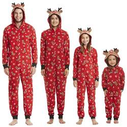 OEAK Weihnachts Schlafanzug Familie Einteiler Onesie Weihnachtspyjama Jumpsuit mit Kapuze und Reißverschluss Hausanzug für Damen Herren Kinder Baby,Unisex Kinder-Rot Elch,2 Jahre von OEAK