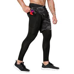OEBLD Kompressionshose Herren 2-in-1 Laufhose Workout Hose für Herren Fitnessstudio Strumpfhose mit Handtuchschlaufe, Camouflage Grau, Groß von OEBLD