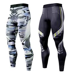 OEBLD Kompressionshose für Herren, UV-blockierend, Laufhose, 1 oder 2 Stück, Fitnessstudio, Yoga, Leggings für Sporttraining, Schwarz + Grau Camo, Groß von OEBLD