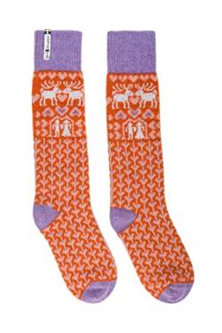 ÖJBRO VANTFABRIK "Fästfolk Estelle & Esbjörn Socken Kniestrümpfe orange/hellblau/lila Gr. M Lammwolle Stricksocken Strick warm weich - Hergestellt in Schweden von ÖJBRO VANTFABRIK