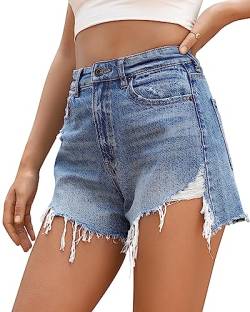 Damen Ripped Jeans Shorts High Waist Denim Shorts Destroyed Sommer Hot Pants, 215-Medium Denim Blue, 34 DE/Kurz von OFLUCK