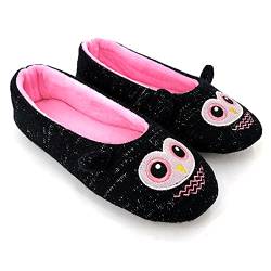 OFOOT Womens Ballerina Fluffy Knit Scuff Slippers,Cute Novelty Animal Face Anti-Slip Rubber Sole House Flat Shoes (Black Owl, 3/4 UK) von OFOOT