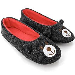 OFOOT Womens Ballerina Fluffy Knit Scuff Slippers,Cute Novelty Animal Face Anti-Slip Rubber Sole House Flat Shoes (Charcoal Bear, 7/8 UK) von OFOOT