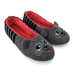 OFOOT Womens Ballerina Fluffy Knit Scuff Slippers,Cute Novelty Animal Face Anti-Slip Rubber Sole House Flat Shoes (Dark Gray Raccoon, 3/4 UK) von OFOOT