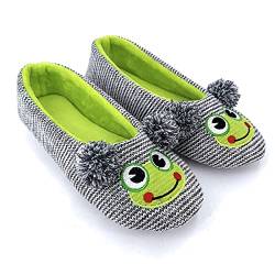 OFOOT Womens Ballerina Fluffy Knit Scuff Slippers,Cute Novelty Animal Face Anti-Slip Rubber Sole House Flat Shoes (Gray Frog, 3/4 UK) von OFOOT