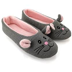 OFOOT Womens Ballerina Fluffy Knit Scuff Slippers,Cute Novelty Animal Face Anti-Slip Rubber Sole House Flat Shoes (Grey Rat, 3/4 UK) von OFOOT