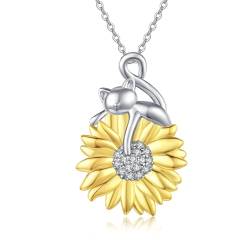 OHAYOO Anhänger Katze Kette Damen Silber 925 Katzen Kette Sonnenblumen Halskette Vergoldete Schmuck Damen für Frauen Mädchen Schwester Freundin von OHAYOO