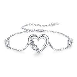 OHAYOO Herz Armband 925 Sterling Silber Damen Armband Herz LOVE Armbänder mit Zirkonia Liebesarmband mit Herz verstellbare Armkette Armband Weihnachten Geschenk Für Damen von OHAYOO