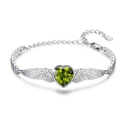 OHAYOO Herz August Geburtsstein Armband Damen Silber 925 Engelsflügel Armband Engel Flügel Herz Liebes Glücksbringer Armbänder Geschenke Geburtstag für Mädchen Frauen Frau(Peridot) von OHAYOO