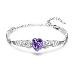 OHAYOO Herz Februar Geburtsstein Armband Damen Silber 925 Engelsflügel Armband Engel Flügel Herz Liebes Glücksbringer Armbänder Geschenke Geburtstag für Mädchen Frauen Frau(Amethyst) von OHAYOO