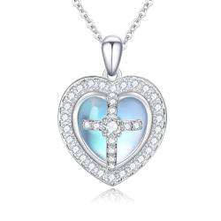 OHAYOO Mondstein Herz Kette Damen 925 Sterling Silber Herz Mondstein Kette mit Kreuz Herz Anhänger Mondstein Schmuck Geschenke für Damen Mädchen von OHAYOO