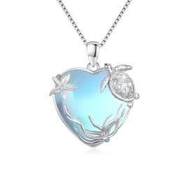 OHAYOO Mondstein Kette Mit Herz Damen 925 Sterling Silber Turtle Halskette Tier Mondstein Schmuck Herz Geschenk für Unisex Frauen Mädchen Damen Mama Teenager von OHAYOO