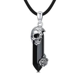 OHAYOO Totenkopf Schwarz Kristall Kette 925 Sterling Silber Heilsteine Kette Totenkopf Anhänger Halskette Halloween Schmuck Totenkopf für Unisex Damen Mädchen Frauen Geschenke von OHAYOO