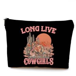 OHSUL Long Live Cowgirls Make-up-Tasche, schwarz, Retro, Westernland, Cowgirl, Pferd, Kaktus, Sonnenuntergang, Wüste, Kosmetiktasche, Reisetasche, Geschenke für Cowgirls, Frauen, Teenager, Mädchen, von OHSUL