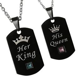 OIDEA 2 Stück Edelstahl Pärchen Dog Tag Halsketten schwarz mit Her King His Queen Ketten mit Zirkonia Geschenke Für Damen Herren von OIDEA