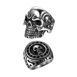 OIDEA 2 Stück Edelstahl Ring für Männer Jungen Skull Biker Ringe, silber schwarz Retro Charm Punk rock Schädel Herrenring Edelstahlring Bandring Ringgrößen 74 (23.6) von OIDEA