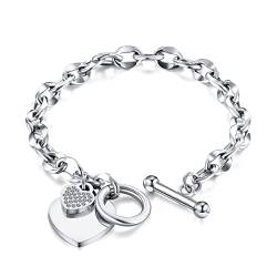 OIDEA Damen Armband Herz mit ot Schnalle: Silber Armkette aus Edelstahl Gliederarmkette Armreif Handgelenk Feiertag Geburtstag Geschenk für Mädchen Freundin Familie von OIDEA