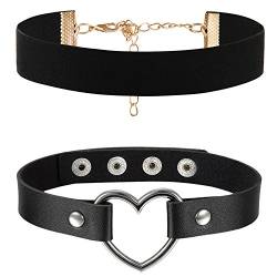 OIDEA Damen Leder Choker Halsband: 2 Stück Lederhalsband Punk Rock Lederkette aus Samt mit Herz Schwarz Schmuck Geschenk für Frauen Mädchen von OIDEA