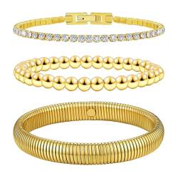 OIDEA Damen Tennis Armband Gold: 3 Stück Set Tennis Armkette mit Zirkonia & elastisch Kugelkette & breit Armreif aus Edelstahl Mode Schmuck Geschenk für Frauen Mädchen Mutter Freundin von OIDEA