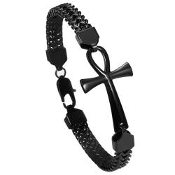 OIDEA Herren Ankh Kreuz Armband: Schwarz Hip Hop Gotik Armkette Franco Link Panzerkette 8mm Breit Edelstahl Armreif Kettenarmband Rock Biker Amulet Schmuck Geschenk für Männer 22cm von OIDEA