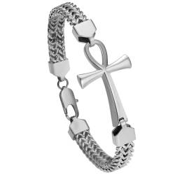 OIDEA Herren Ankh Kreuz Armband: Silber Hip Hop Gotik Armkette Franco Link Panzerkette 8mm Breit Edelstahl Armreif Kettenarmband Rock Biker Amulet Schmuck Geschenk für Männer 22cm von OIDEA