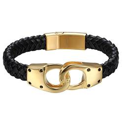 OIDEA Herren Armband, Geflochten Punk Rock Handschellen Handcuffs Anhänger Lederarmband Armreif Lederband mit Magnet Verschluss, Schwarz Gold von OIDEA