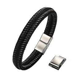 OIDEA Herren Armband Edelstahl Leder Armband schwarz silber, Geflochten Seil Lederarmband Armreifen mit Verlängern Magnet Verschluss, 21cm von OIDEA