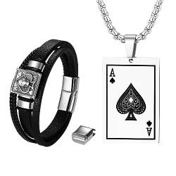 OIDEA Herren Armband Halskette Set Totenkopf Silber Spielkarte Anhänger Kette Edelstahl, Schwarz Retro Stil Lederarmband mit Verstellbarer Riegelschnalle, Schmuck Set Geschenk für Männer Freund von OIDEA