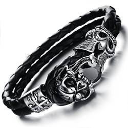 OIDEA Herren Armband Schädel aus Leder Edelstahl: Punk Rock Retro Totenkopf Vintage Armreif Schwarz Silber Skull Kopf Handgelenk Schmuck Geschenk für Männer Jungen von OIDEA