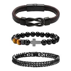 OIDEA Herren Armband Set Unendlichkeit Kreuz, 3 Stück Armbänder Infinity Geflochten Lederarmband & Kreuz Kugel Armkette aus Achat & Schwarz Panzerkette aus 316L Edelstahl Handgelenk Geschenk für papa von OIDEA