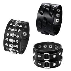 OIDEA Herren Armband aus Leder Schwarz: 3 Stück Breit Lederarmband Punk Rock Stil Totenkopf Skull Schädel Nieten Armreif Armschmuck Handgelenk Verstellbar Geschenk für Männer von OIDEA