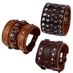 OIDEA Herren Breit Leder Armband: 3 Stück Braun Lederarmband Set Punk Gotik Manschette Geflochten Armreif Biker Totenkopf Schädel Skull verstellbar 17-21.5 cm Geschenk für Männer Vater Sohn Freund von OIDEA