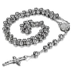 OIDEA Herren Damen Halskette mit Anhänger, Edelstahl Christus Jesus Kruzifix Kreuz Rosenkranz Kugelkette Kette Halskette, Silber von OIDEA