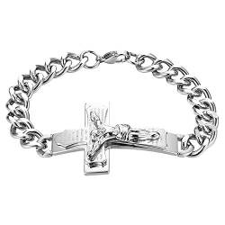 OIDEA Herren Jesus Kreuz Armband: Silber Armkette Edelstahl Panzerkette Kruzifix Englische Bibel Armreif Handgelenk Religiöses Schmuck Geschenk für Männer Vater Freund von OIDEA