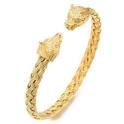 OIDEA Herren Offener Wolfskopf Armband: Gold Kabelgeflechtarmband Edelstahl Doppel Wolf Armband Armreif Handgelenk Schmuck Geschenk für Männer Vater Freund von OIDEA