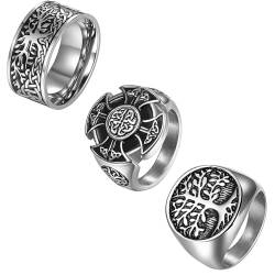 OIDEA Herren Ring Wikinger aus Edelstahl: 3pcs Viking Ringe Retro Vegvisir Kompass Fingerring Vintage Lebensbaum Bandring Nordischer Siegelring für Männer Geschenk Größe 64 von OIDEA