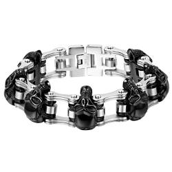 OIDEA Herren Totenkopf Armband Fahrradkette: Schwarz 16mm Breit Schwer Groß Schädel Glieder Link Handgelenk Edelstahl poliert Panzerkette Kettenarmband Motorradkette Geschenk für Männer von OIDEA