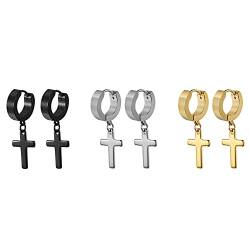 OIDEA Unisex Ohrringe Creolen Kreuz: 3 Paare Damen Herren Kreuz Ohrhänger Ohrclip Set Schwarz Gold Silber Geschenk für Männer Frauen von OIDEA