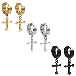 OIDEA Unisex Ohrringe Kreuz Creolen: 3 Paare Herren Damen Creolen Gold Schwarz Silber Piercing Set aus Edelstahl Allergiefreie Ohrclips mit Kreuz Anhänger Ohrschmuck Geschenk für Männer Frauen von OIDEA